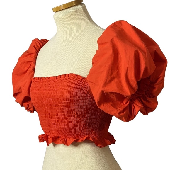 NWOT ZARA Red Puff Sleeve Smocked Tube Top Ruffle Cropped Festival Cotton S - Picture 3 of 13